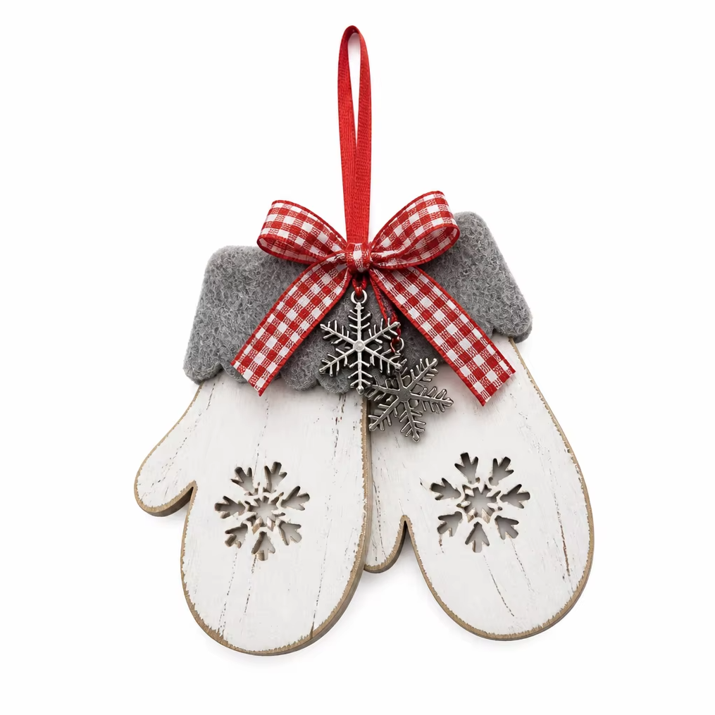 Cozy Wooden Mitten Hanging Ornament with Felt Cuffs and Plaid Ribbon - KRA-XMAS-0003