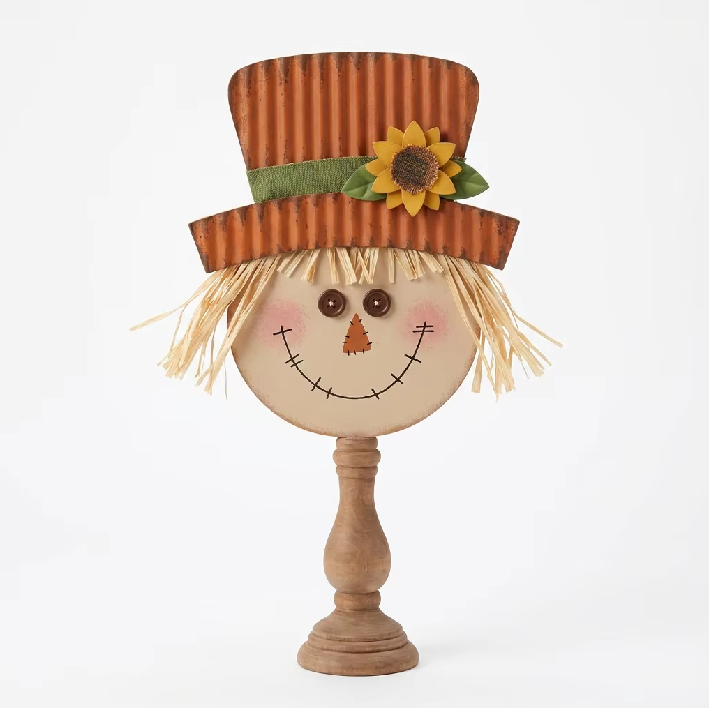 Tabletop Wooden Scarecrow Head on Turned Pedestal Stand with Raffia Hair - KRA-HAR-0020